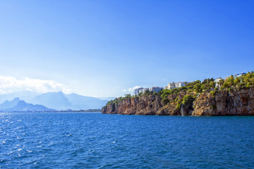View on mountains from a harbor in old town Kaleici. Antalya, Turkey