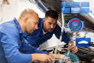 mechanic men with wrench repairing car at workshop