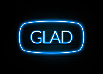 Glad  - colorful Neon Sign on brickwall