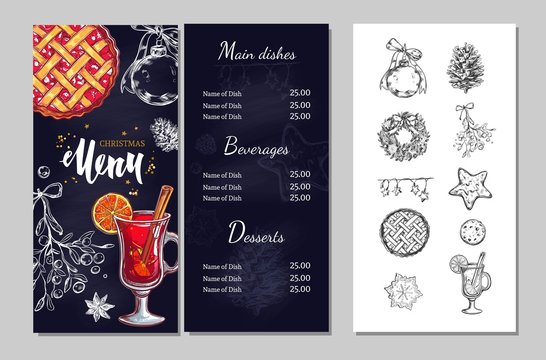 Christmas winter menu for restaurants and cafes. Vector template with hand drawn illustrations and brushpen Lettering. Christmas party invitation. Isolated christmas icons