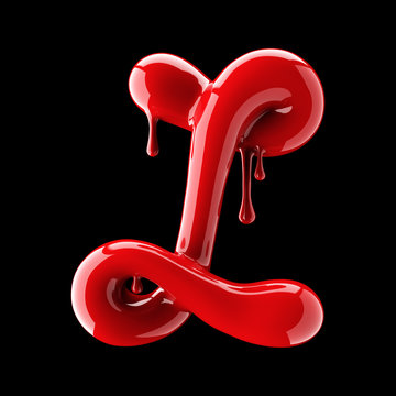 Leaky red alphabet on black background. Handwritten cursive letter L.