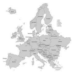 Europakarte in Grau mit Beschriftung