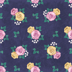 Seamless vintage romantic pattern with yellow and pink roses and white flowers on dark blue shabby background. Retro wallpaper style. Shabby chic design. Perfect for scrapbooking