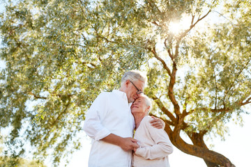 happy senior couple hugging at summer park