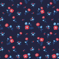 Floral seamless colorful pattern with blue and red flowers on blue background. Ditsy floral background. Elegant and tender vector illustration for print, scrapbooking etc