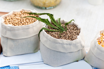 organic cannabis and soybeans in white sacks
