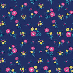 Floral seamless colorful pattern with yellow and pink flowers on blue background. Ditsy floral background. Elegant and tender vector illustration for print, scrapbooking etc