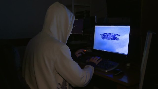 Hacker in hood, cracked the code with computers.
