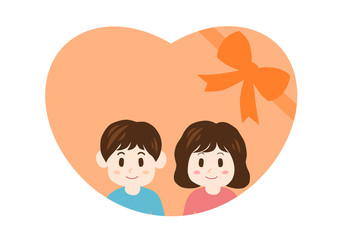 若いカップルとハートのフレームイラスト  