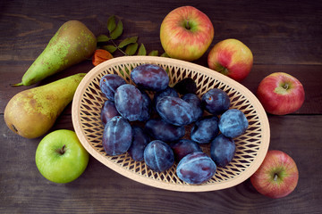Autumn harvest with plums, apples and pears. Healthy organic fruit.