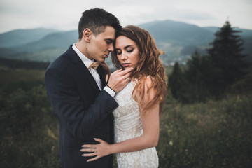 Young newly wed couple, bride and groom kissing, hugging on perfect view of mountains, blue sky