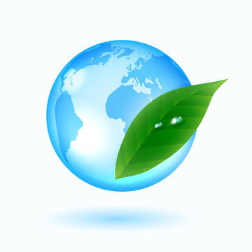 Blue Earth with green leaf, drop of water vector illustration