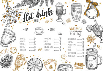 Hot drinks. Vector Christmas Winter collection. Different beverages in sketch style. Coffee, Tea, Mulled wine, Punch, Grog, Cider etc.