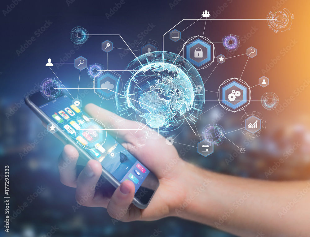 Wall mural international business network connection displayed on a futuristic interface with technology icon a
