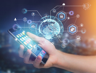 International business network connection displayed on a futuristic interface with technology icon and sphere globe - Worldwide business concept
