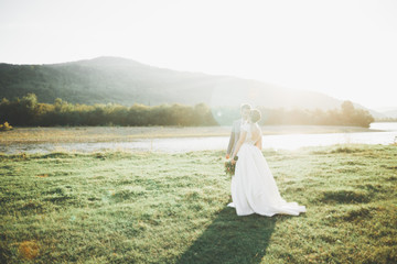 Fototapeta na wymiar Gorgeous bride and stylish groom walking at sunny landscape, wedding couple, luxury ceremony mountains with amazing view, space for text