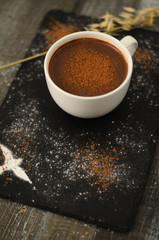 A cup of hot chocolate with cocoa powder on wooden background
