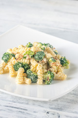 Pasta with broccoli, bacon and alfredo sauce