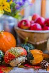 Pumpkins and autumn decorations on the wooden terrace. 