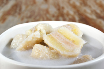 Closeup banana in Coconut Milk. Thai dessert. Banana sliced boil in coconut milk with sugar. Sweet taste and Hi nutritiion.