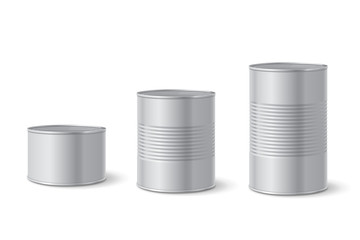 Canned metal packaging. Aluminum tin can for food. Realistic vector