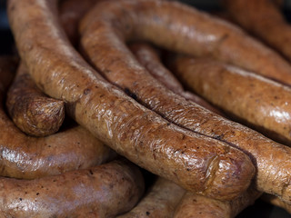 Delicious smoked sausages on the market