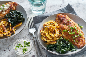 pan fried catfish with squash and spinach dinner