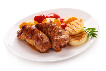 Grilled meat rolls with vegetables, isolated on white background