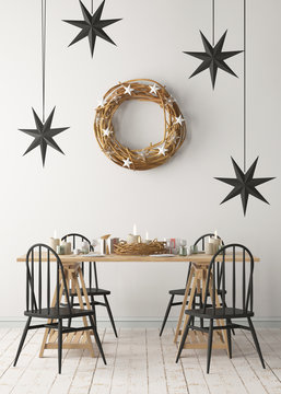 Christmas Mockup With A Poster On The Background Of A Dinner Table.3D Rendering