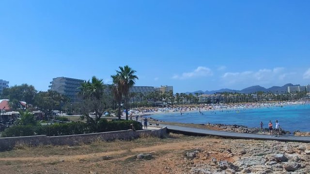 Aerial drone shot of coastline and beach in Sa Coma Mallorca Spain