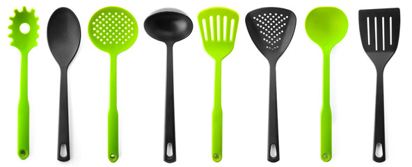 Different cooking utensils on white background