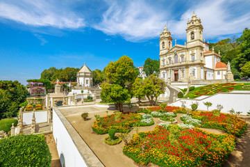 Historic Church of Bom Jesus do Monte and her public garden. Tenoes, Braga. The Basilica is a popular landmark and pilgrimage site in northern Portugal. Aerial landscape on the top of Braga mountain.