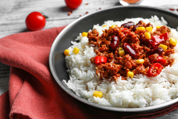 Chili Con Carne with rice on plate