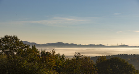 rural landscape fog mist morning trees forest hill wind turbines