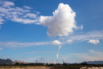 Mae Moh mine, Lampang lake with white smoke emitted from chimneys