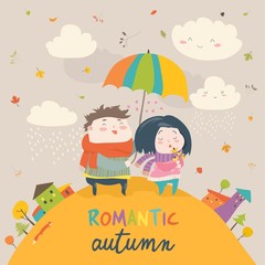 Cute couple with an umbrella in the autumn rain