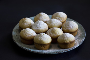 Tasty vanilla muffins on an ornamented plate