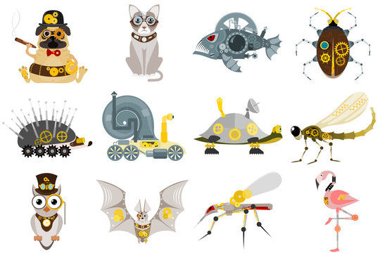 Stylized metal steampunk mechanic robots animals machine steam gear insect punk art machinery vector illustration.