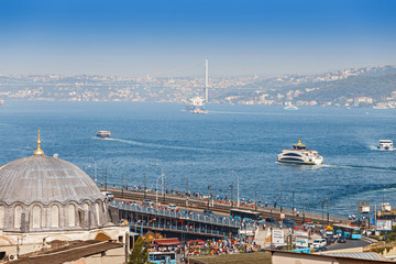 Karakoy district and Golden Horn with Bosphorus, is a classical cityscape view of Istanbul from Suleymaniye mosque