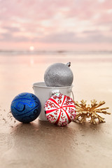 Christmas Decorations at Carlsbad State Beach at Sunset in California, Winter Holiday Concept