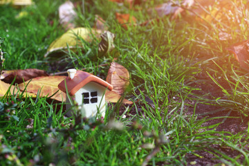 a doll house on the green grass next to the autumn yellow foliage and sunlight