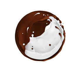 Splashes of chocolate and milk in spherical shape, isolated on white background