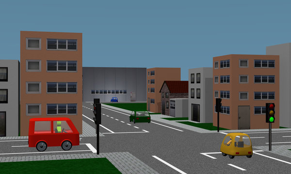 Straßenkreuzung mit Ampel, Autos, Häusern und Fabrik.