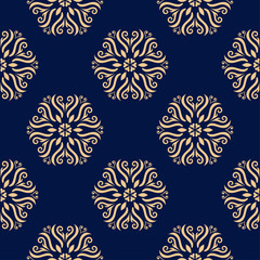 Golden floral seamless design on blue background