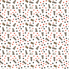 Hand drawned seamless watercolor pattern. Abstract watercolor dots and trees in red, brown and black isolated on white background. Seamless pattern with dots and trees. Perfect for wrapping paper.