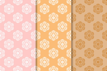Fototapeta na wymiar Set of floral ornaments. Orange vertical seamless patterns