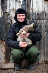 An elderly man is engaged in breeding new breeds of pigs on his rural farm away from the city