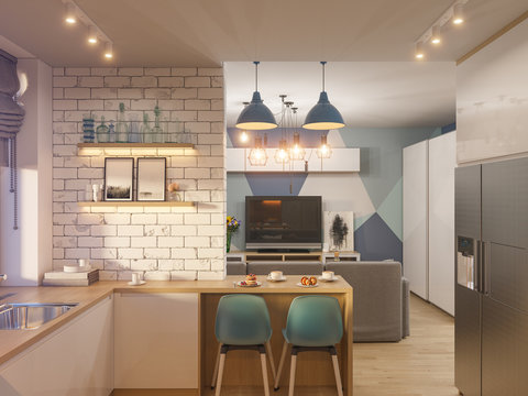 3d illustration living room and kitchen interior design. Modern studio apartment in the Scandinavian minimalist style