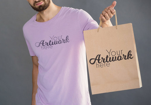 Man in a T-Shirt with a Bag Mockup
