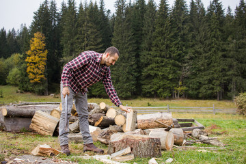yong male in forest choping wood with steel axe, country landscape with lumberjack  